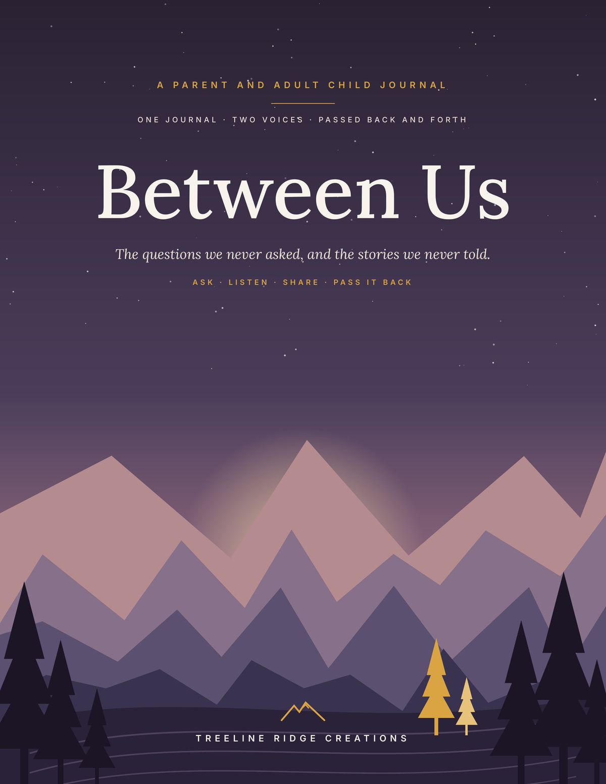 Between Us parent and adult child journal cover with purple mountains and two golden pine trees