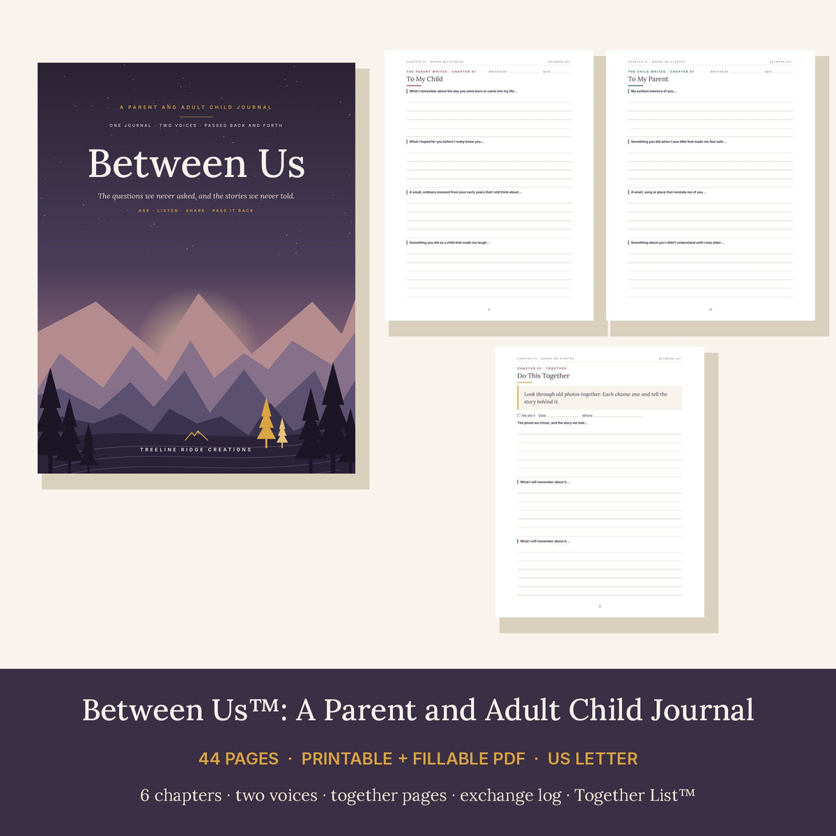 Between Us journal preview showing parent, adult child and together pages