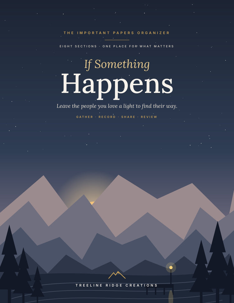 If Something Happens important papers organizer cover with layered mountains and a glowing lamppost