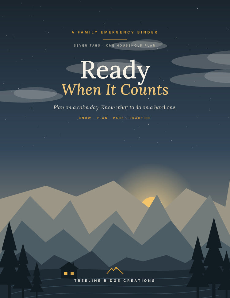 Ready When It Counts family emergency binder cover with layered mountains and a warmly lit home