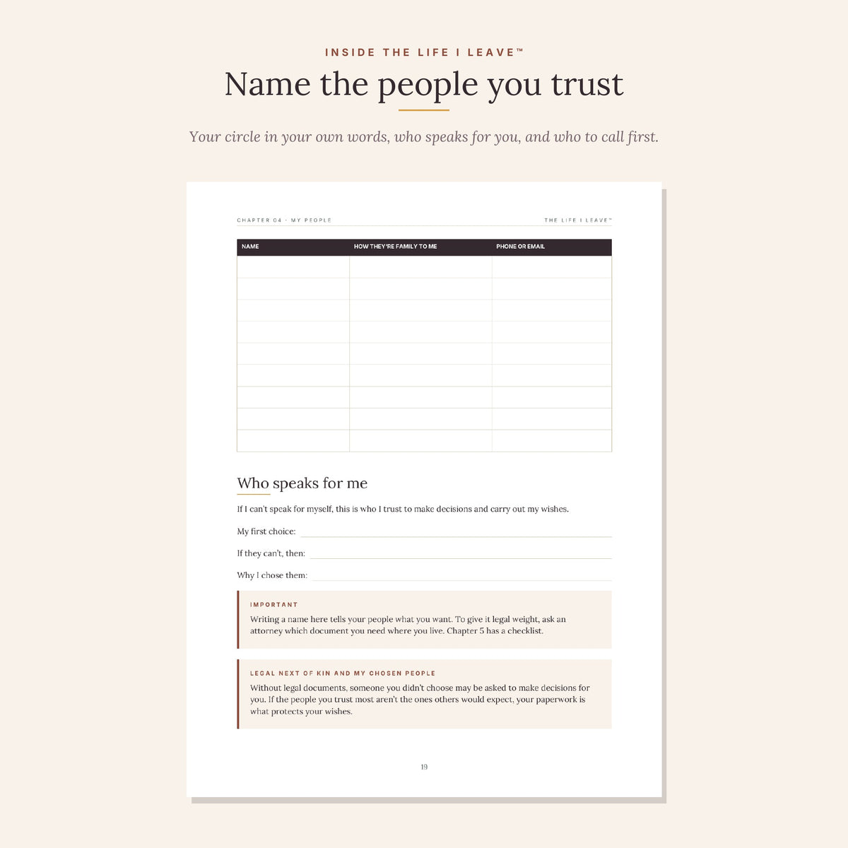 My People planner page for recording trusted contacts and chosen family