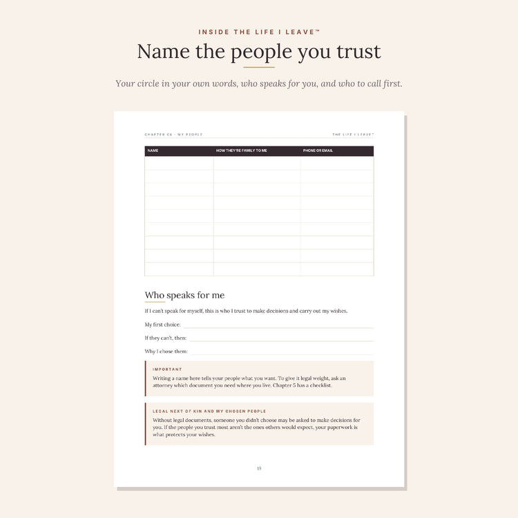 My People planner page for recording trusted contacts and chosen family