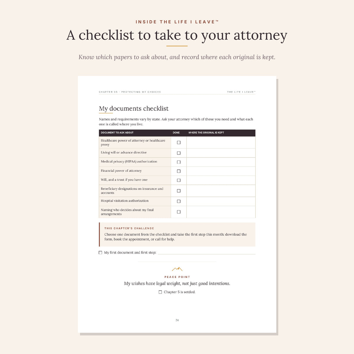 Documents checklist preview for discussing planning documents with an attorney