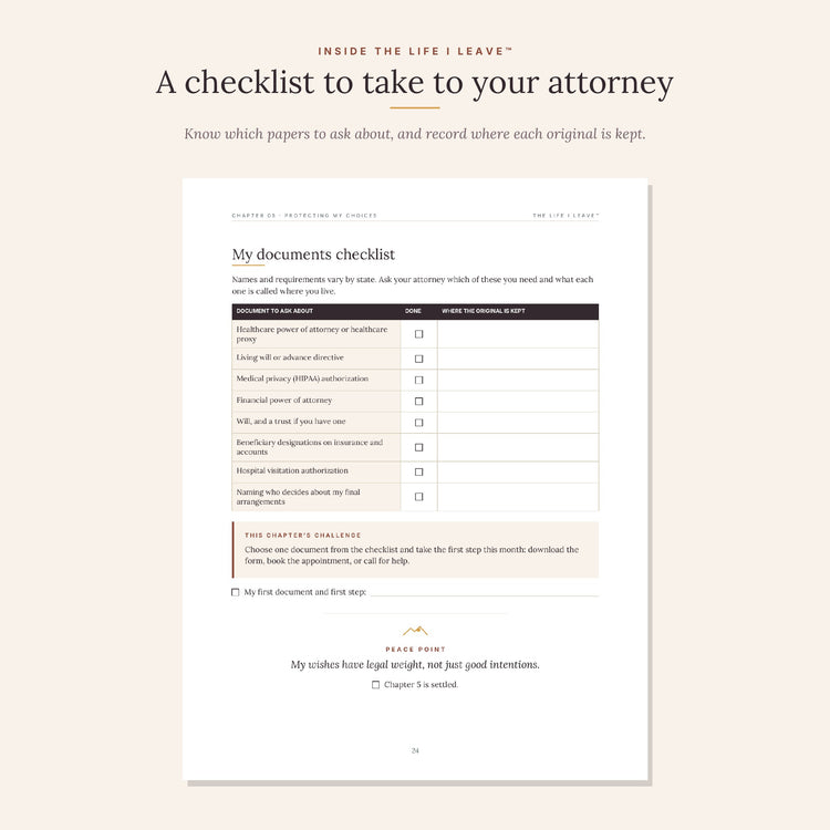 Documents checklist preview for discussing planning documents with an attorney