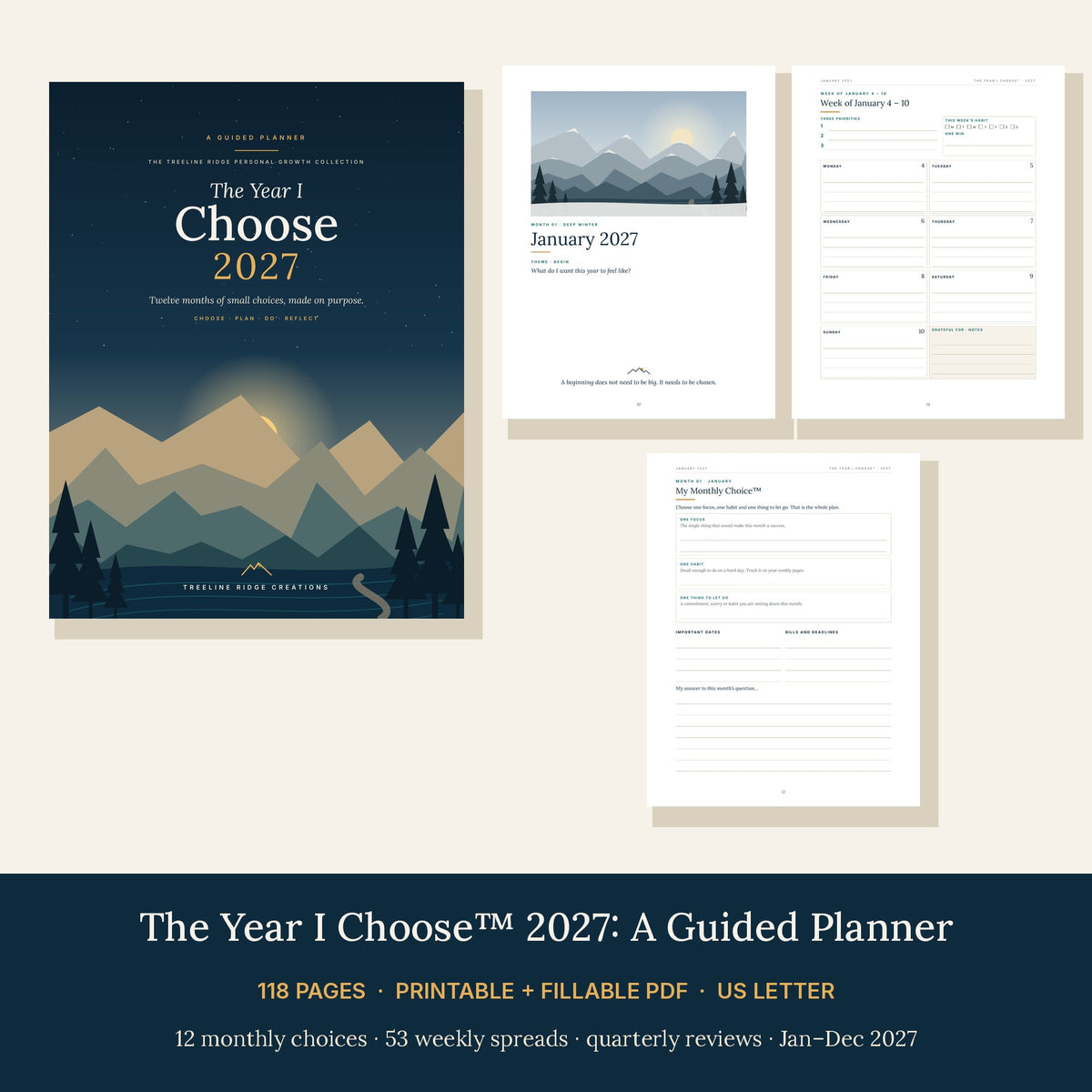 Preview of the 118-page planner with monthly choices and weekly spreads