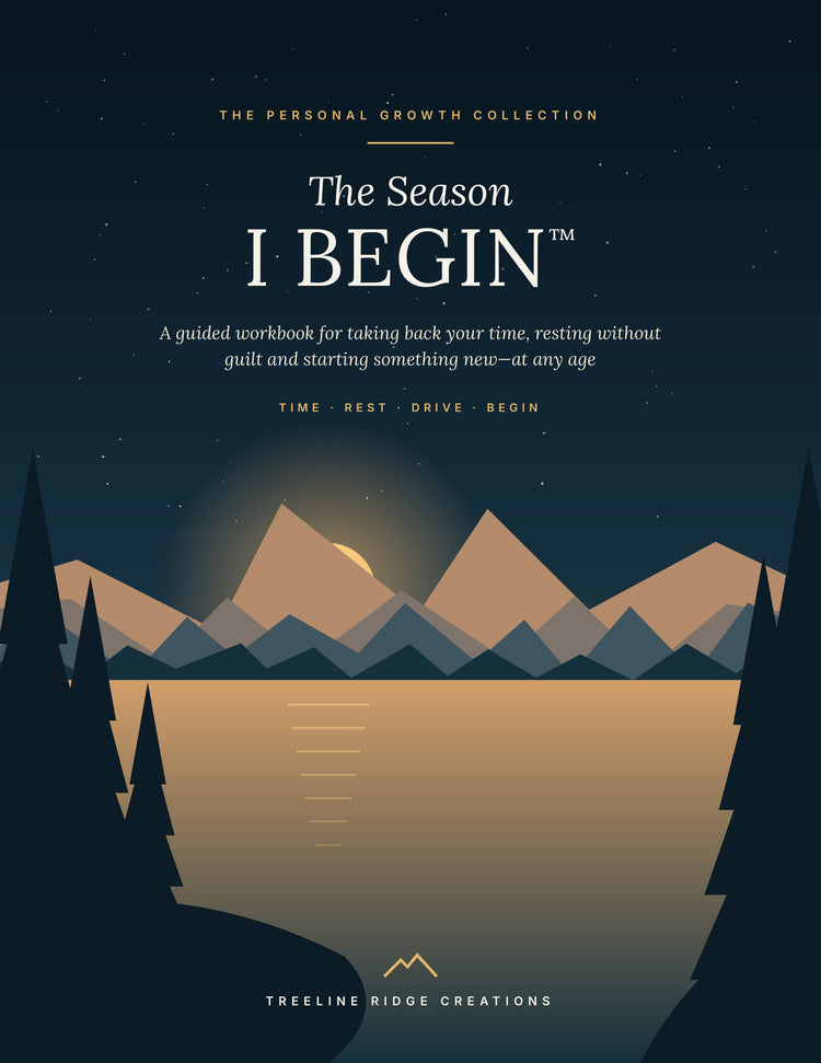 The Season I Begin workbook cover with mountains and a golden lake beneath a starry sky