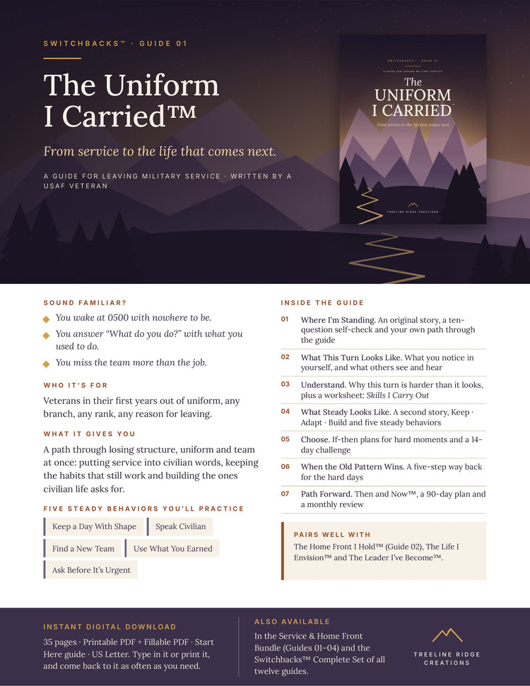 The Uniform I Carried promo outlining military transition support, five steady behaviors and planning tools