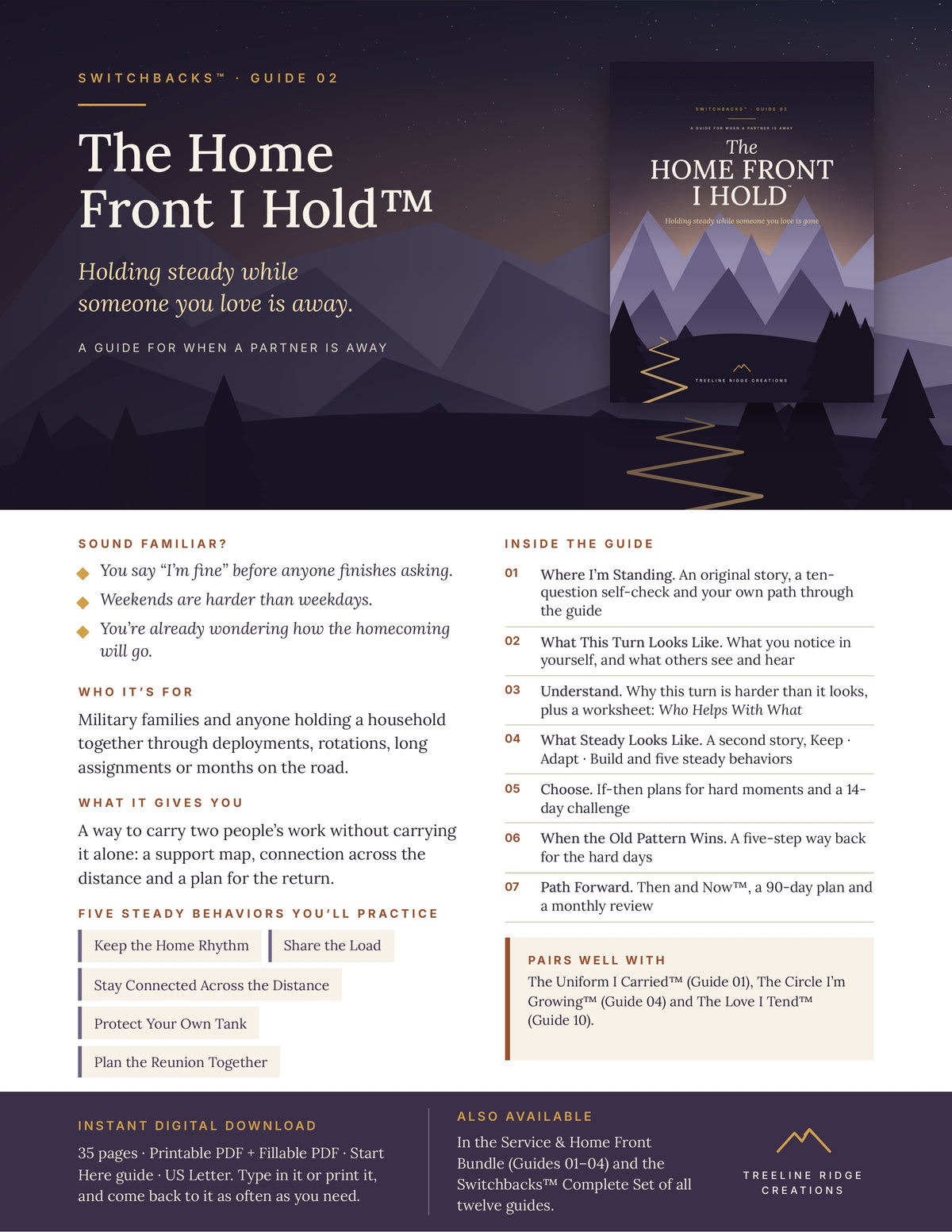 The Home Front I Hold promo outlining support for families while a partner is away, five steady behaviors and planning tools