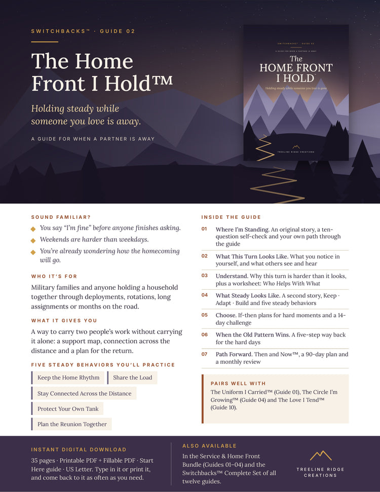 The Home Front I Hold promo outlining support for families while a partner is away, five steady behaviors and planning tools