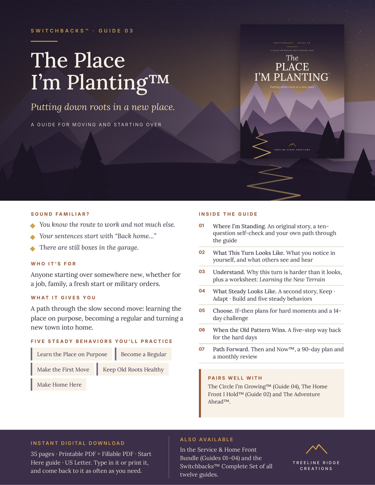 The Place I’m Planting promo outlining moving and starting over activities, five steady behaviors and planning tools