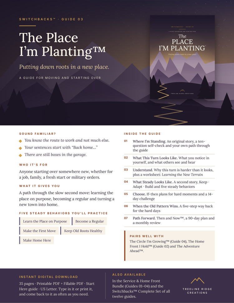 The Place I’m Planting promo outlining moving and starting over activities, five steady behaviors and planning tools
