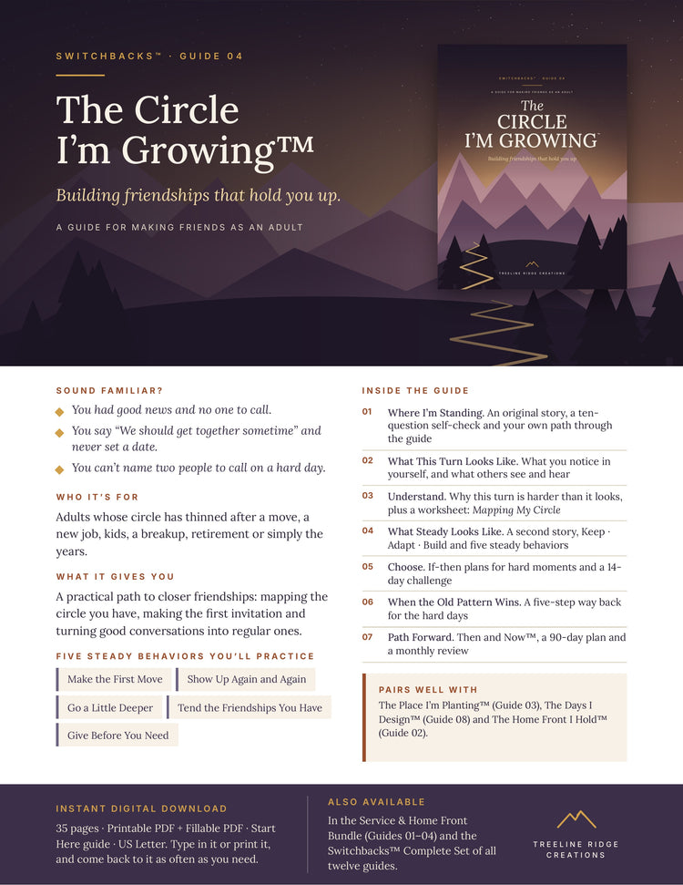 The Circle I’m Growing promo outlining adult friendship activities, five steady behaviors and planning tools