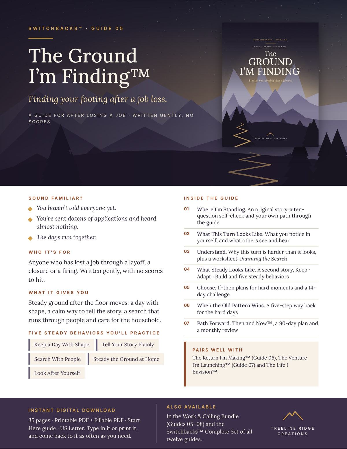 The Ground I’m Finding promo outlining job-loss reflection, five steady behaviors and planning tools