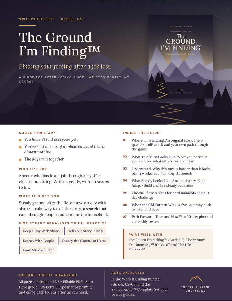 The Ground I’m Finding promo outlining job-loss reflection, five steady behaviors and planning tools