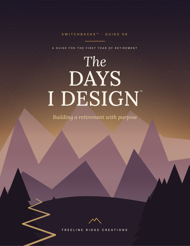 The Days I Design Switchbacks Guide 08 cover with layered mountains and a golden winding path