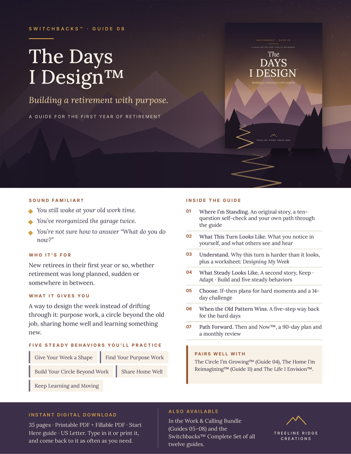 The Days I Design promo outlining first-year retirement activities, five steady behaviors and planning tools