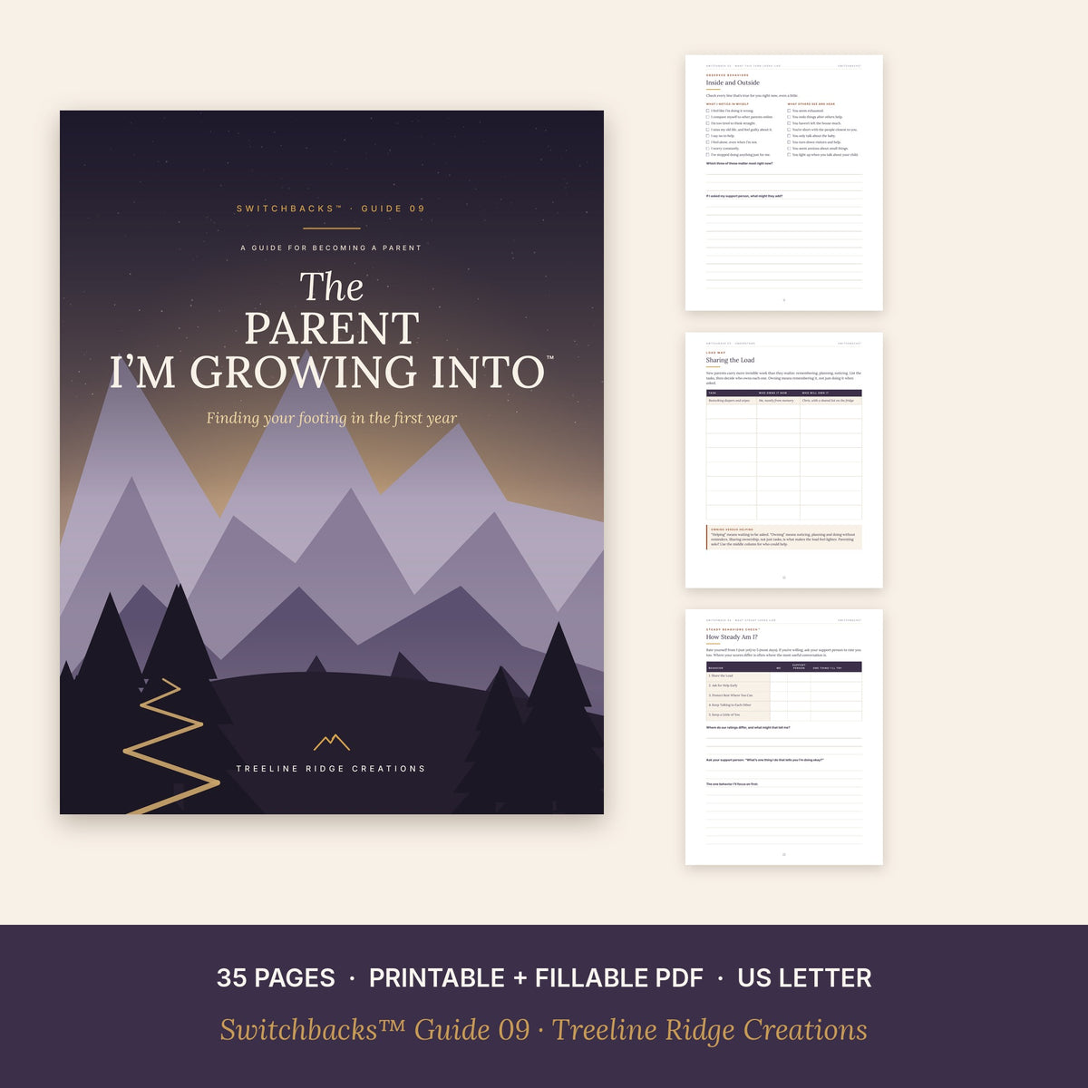 The Parent I’m Growing Into preview showing worksheets from the 35-page printable and fillable guide