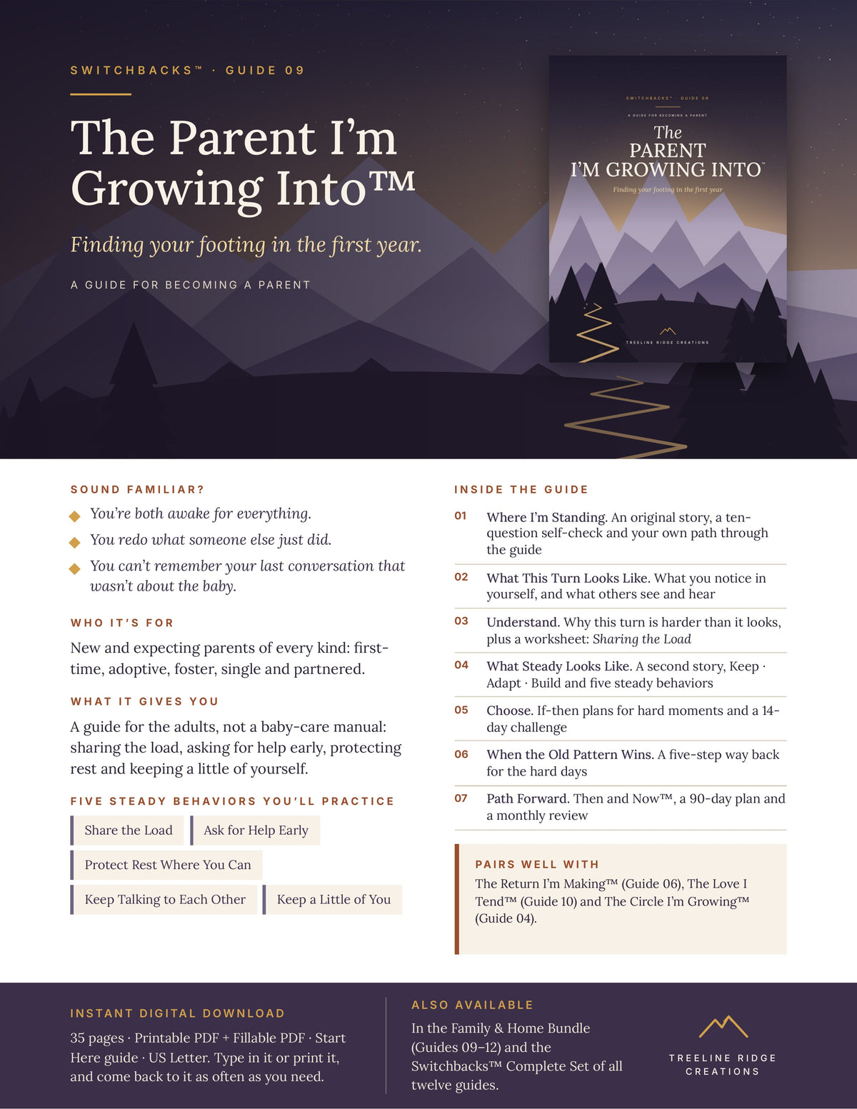 The Parent I’m Growing Into promo outlining support for new parents, five steady behaviors and planning tools