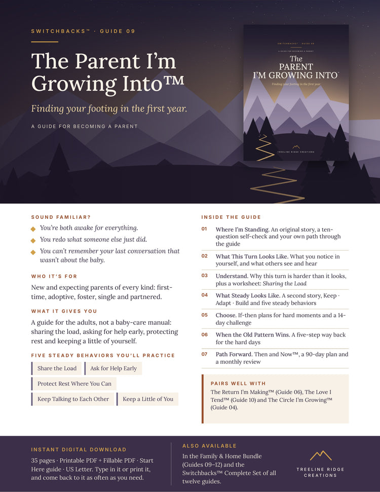 The Parent I’m Growing Into promo outlining support for new parents, five steady behaviors and planning tools
