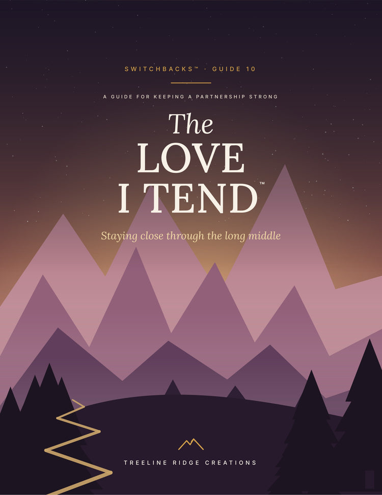 The Love I Tend Switchbacks Guide 10 cover with pink and purple mountains and a golden winding path
