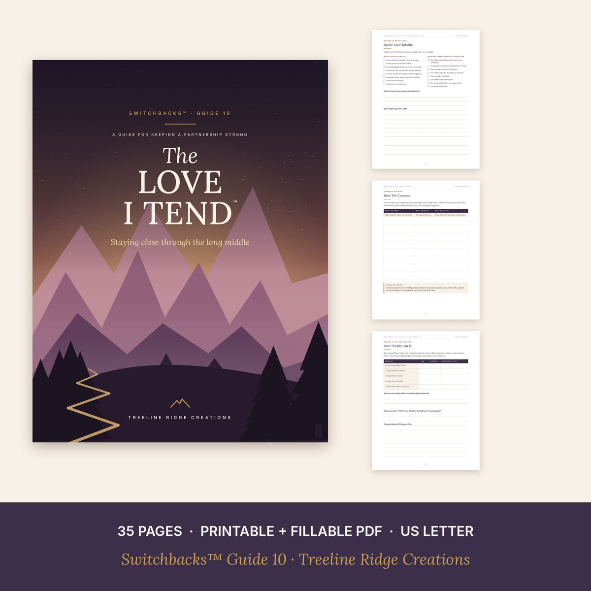 The Love I Tend preview showing worksheets from the 35-page printable and fillable partnership guide
