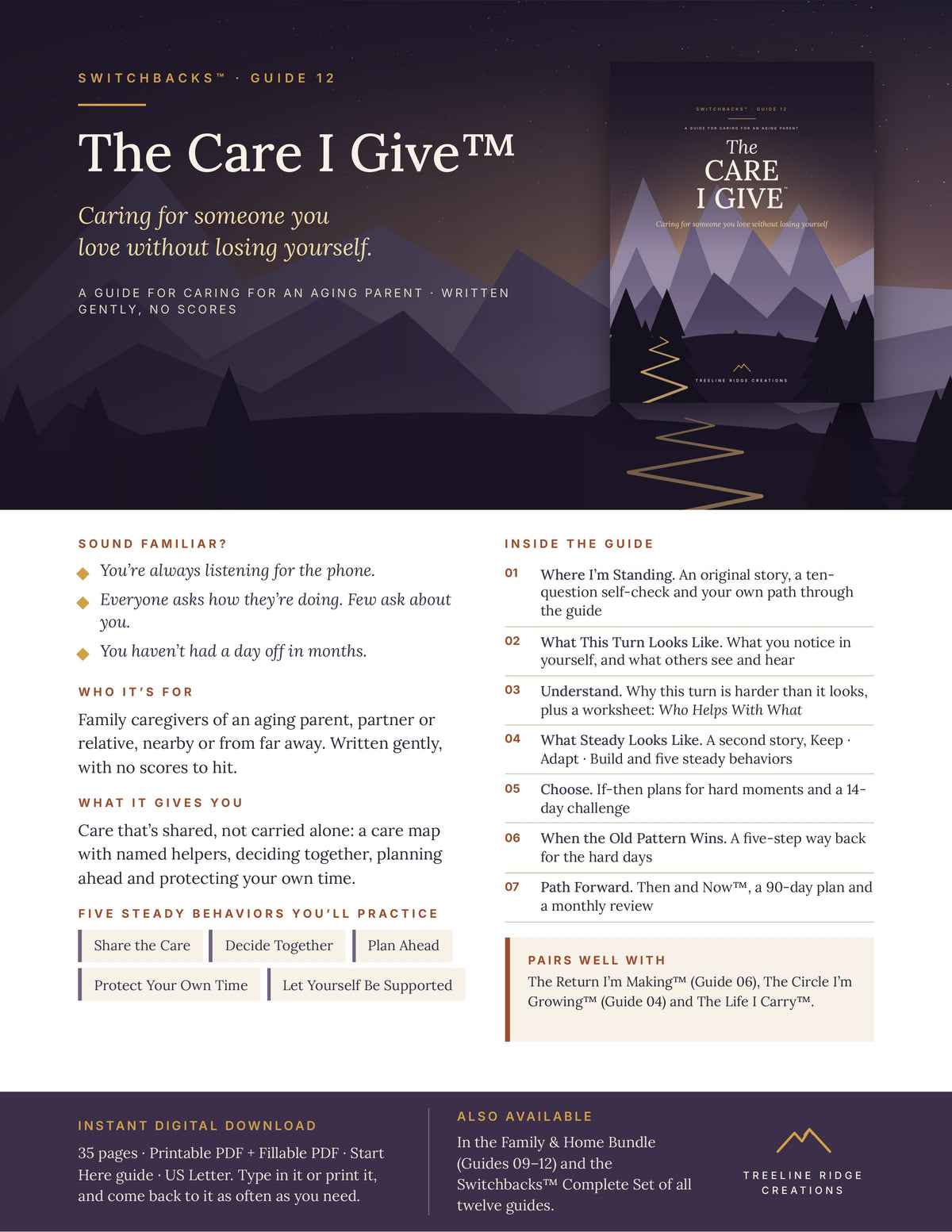 The Care I Give promo showing caregiver resources, seven sections and printable and fillable PDF formats