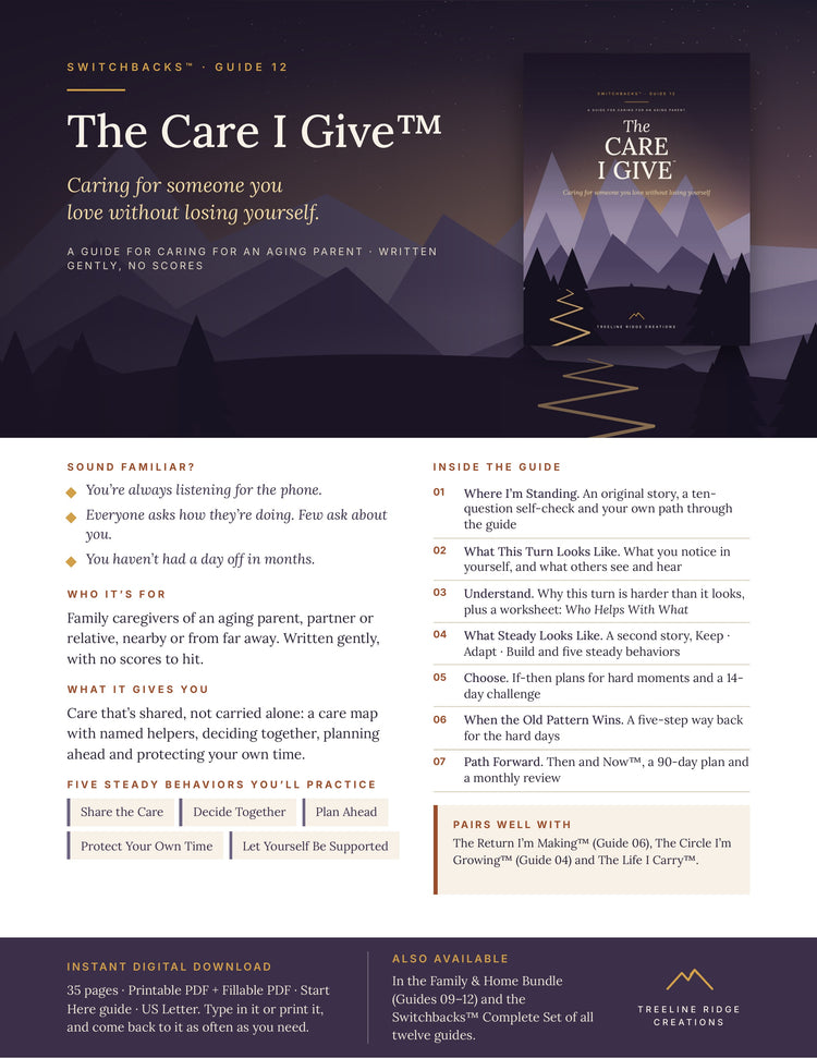 The Care I Give promo showing caregiver resources, seven sections and printable and fillable PDF formats