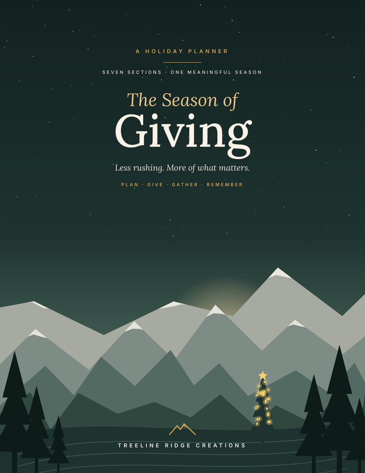 The Season of Giving holiday planner cover with snowy mountains and a glowing Christmas tree