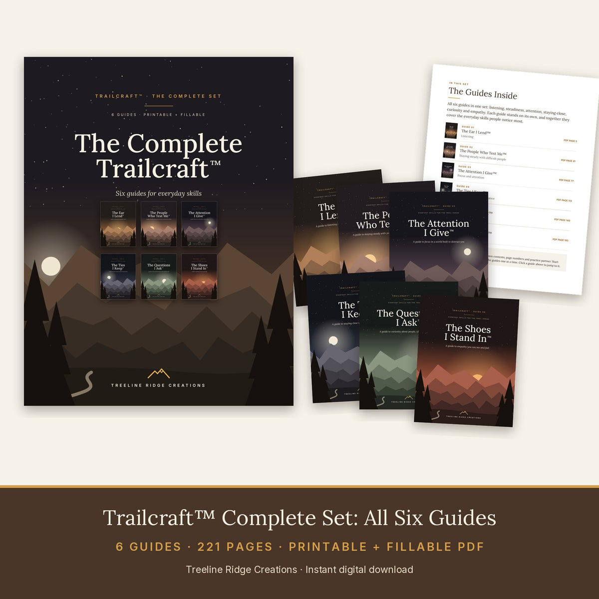 Trailcraft complete set preview showing six guides and 221 pages in printable and fillable PDF formats
