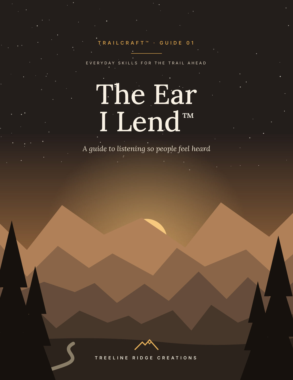 The Ear I Lend Trailcraft listening guide cover with golden mountains and evergreen trees