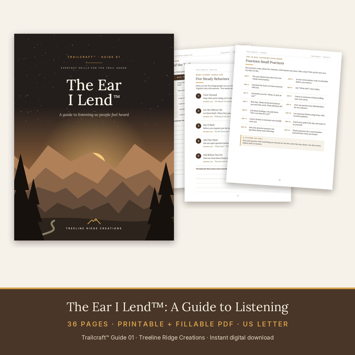 The Ear I Lend preview showing listening behaviors and fourteen small practices in a 36-page guide