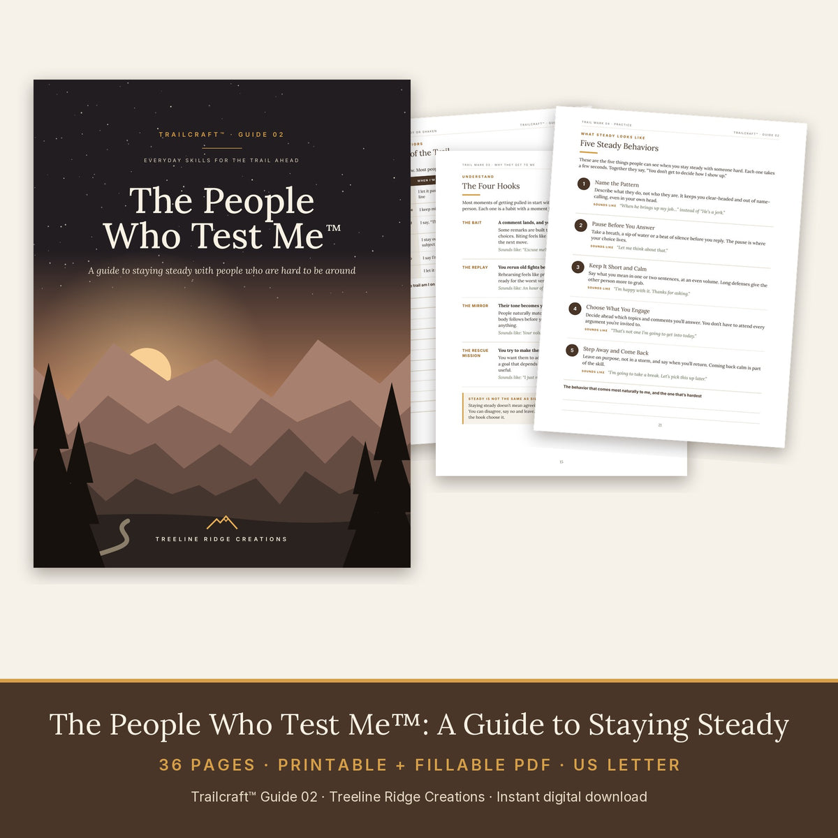 The People Who Test Me preview showing four hooks and five steady behaviors in a 36-page guide