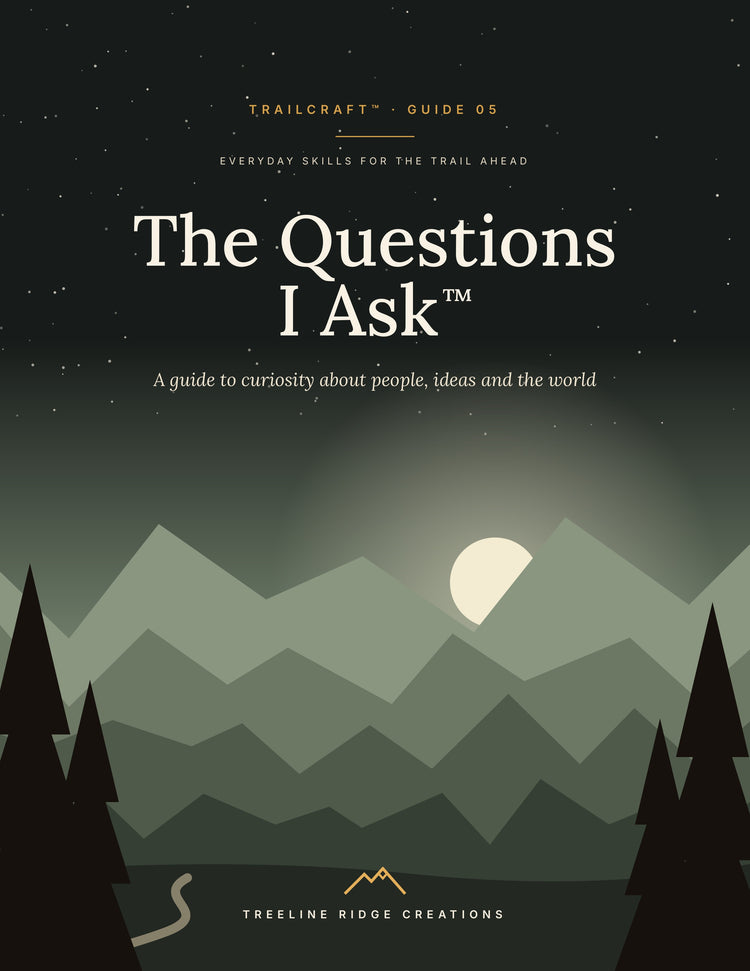 The Questions I Ask Trailcraft curiosity guide cover with sage-green mountains and evergreen trees