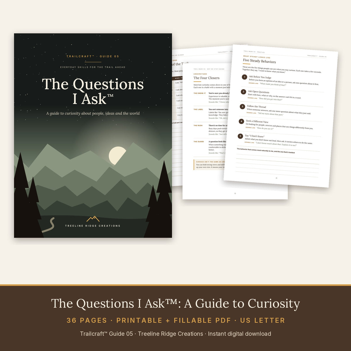 The Questions I Ask preview showing curiosity closers and five steady behaviors in a 36-page guide