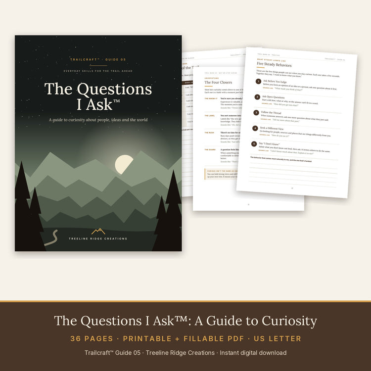 The Questions I Ask preview showing curiosity closers and five steady behaviors in a 36-page guide
