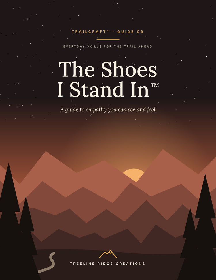 The Shoes I Stand In Trailcraft empathy guide cover with warm terracotta mountains and evergreen trees
