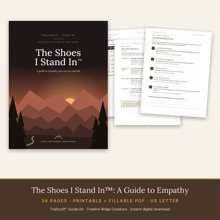 The Shoes I Stand In preview showing four blockers and five steady behaviors in a 36-page empathy guide