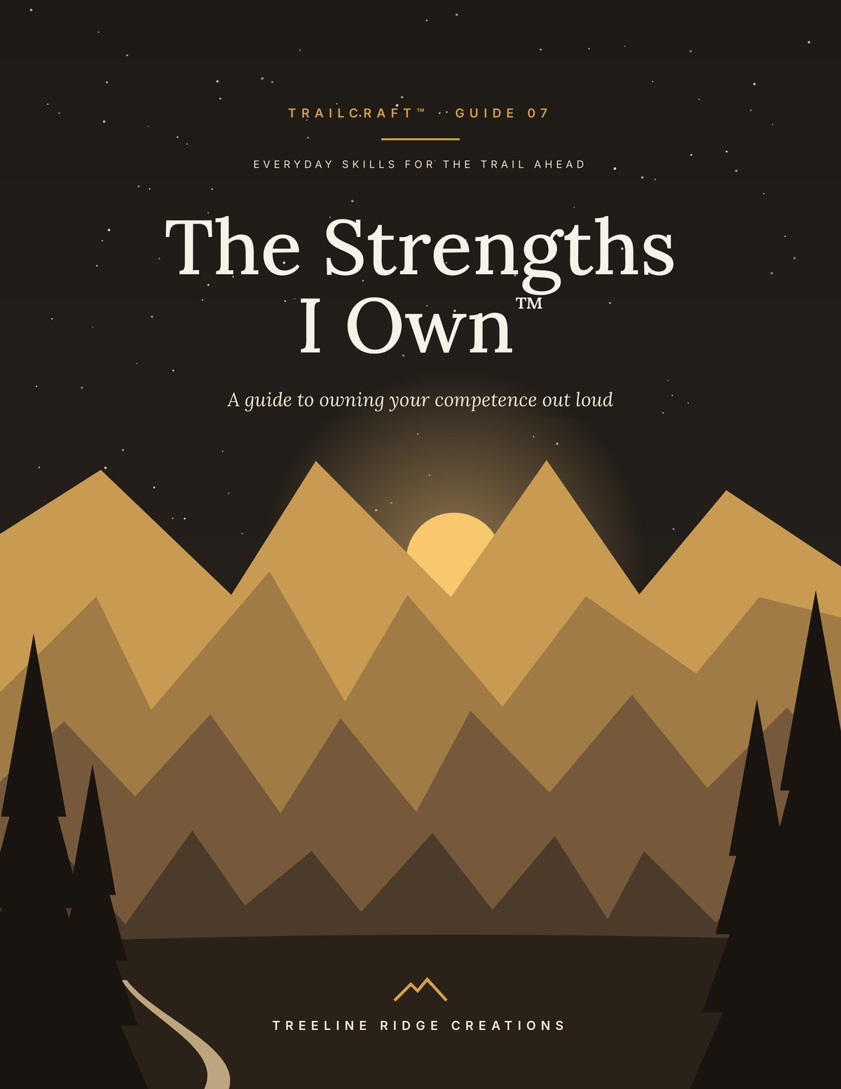 The Strengths I Own, Trailcraft Guide 07 cover with golden mountains, a rising sun and pine trees