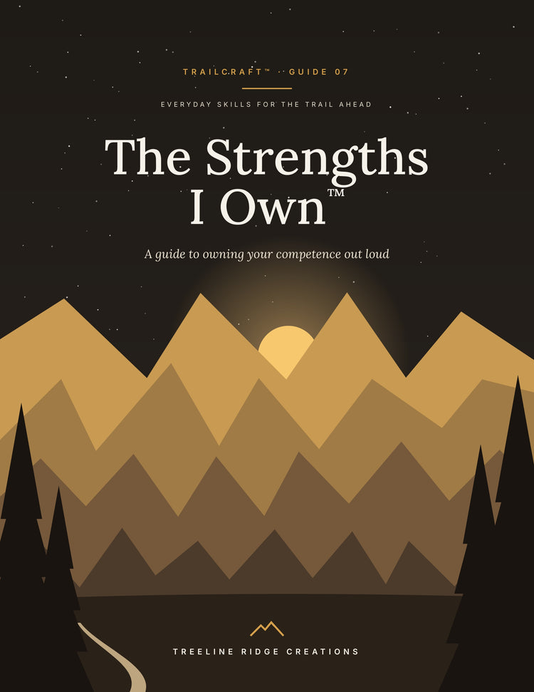 The Strengths I Own, Trailcraft Guide 07 cover with golden mountains, a rising sun and pine trees