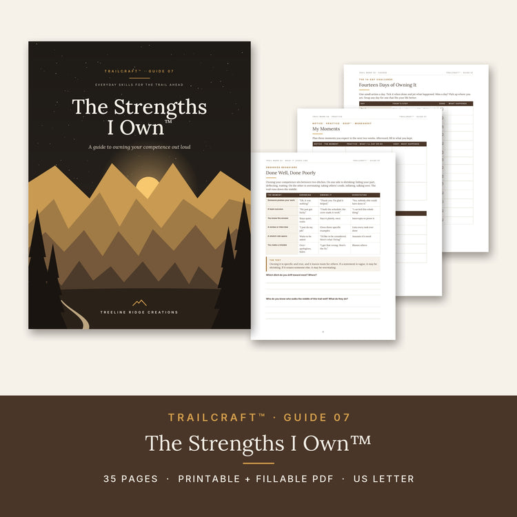 The Strengths I Own cover and sample worksheets, 35-page printable and fillable PDF guide