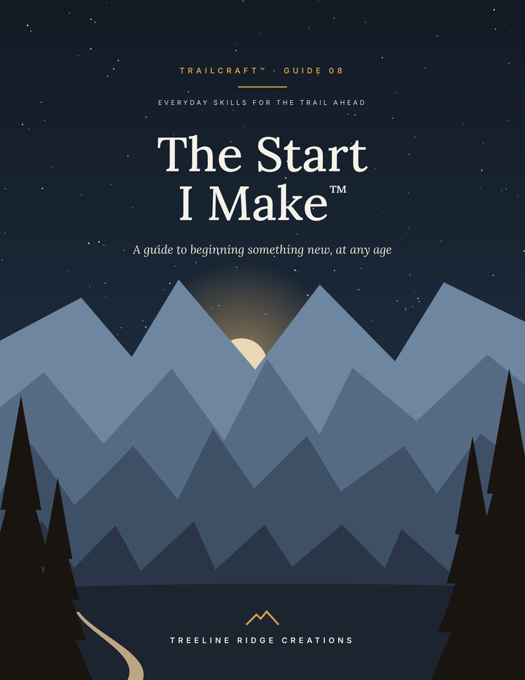 The Start I Make, Trailcraft Guide 08 cover with layered blue mountains, a rising sun and pine trees
