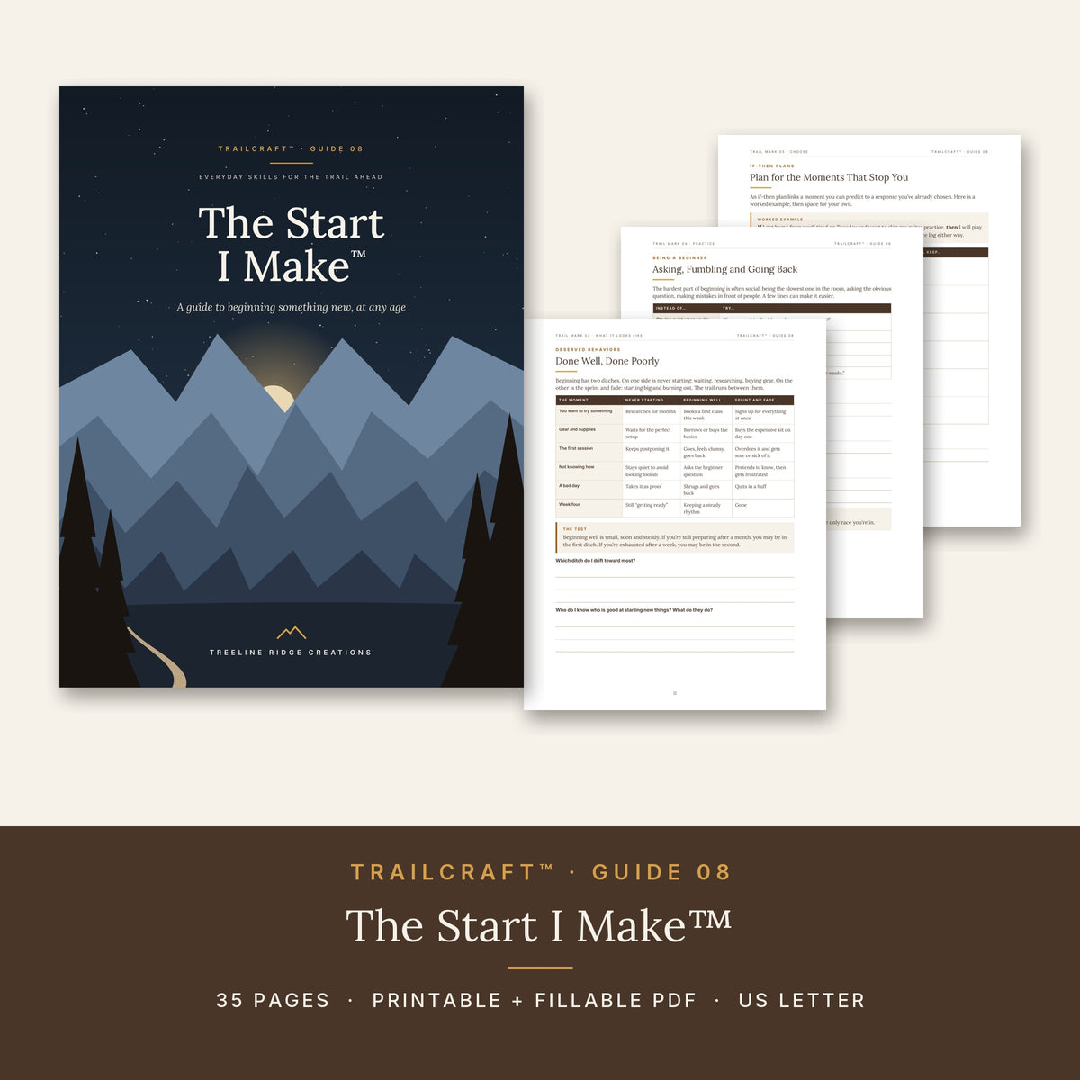 The Start I Make cover and sample worksheets, 35-page printable and fillable PDF guide