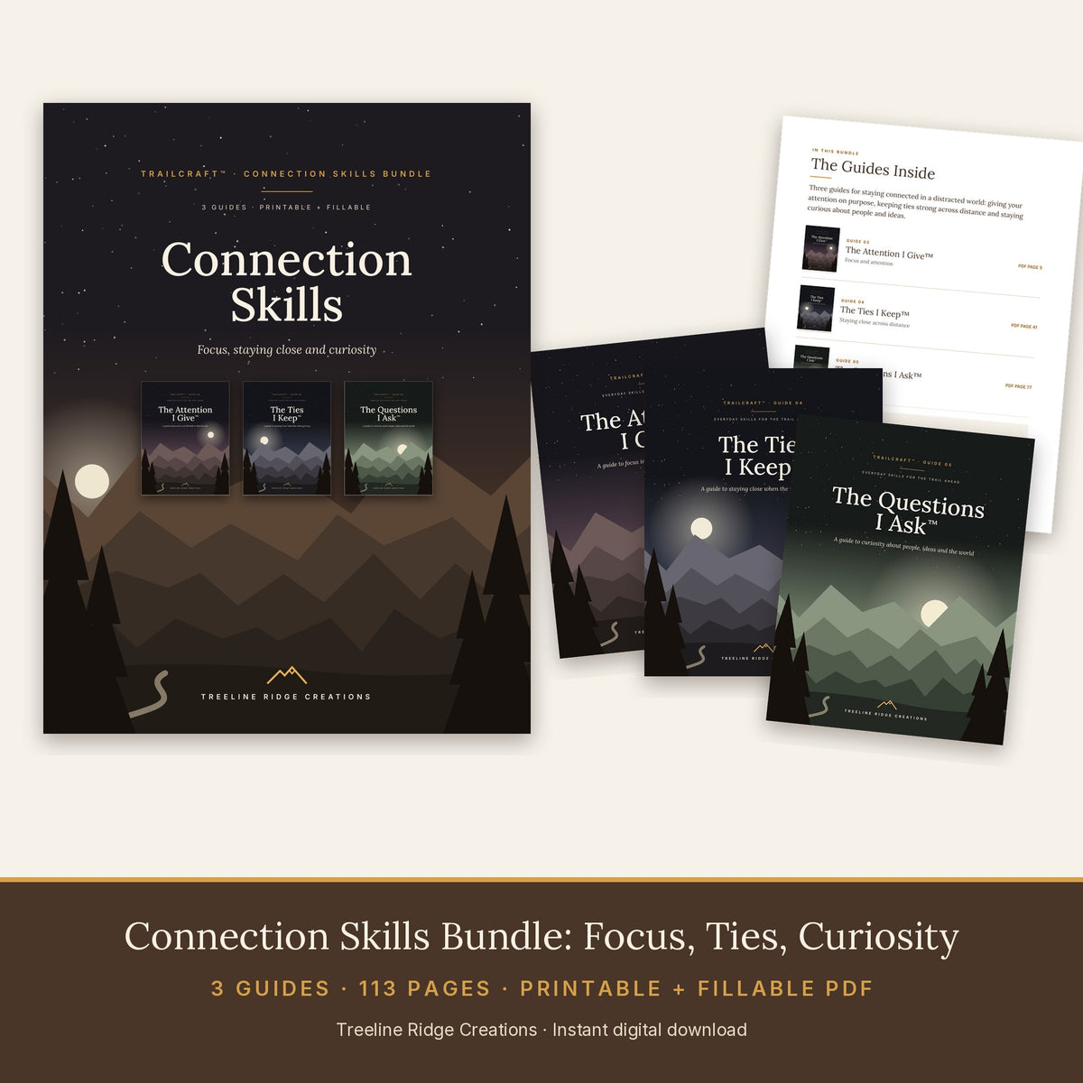 Connection Skills Bundle preview showing three guides and 113 pages in printable and fillable PDF formats
