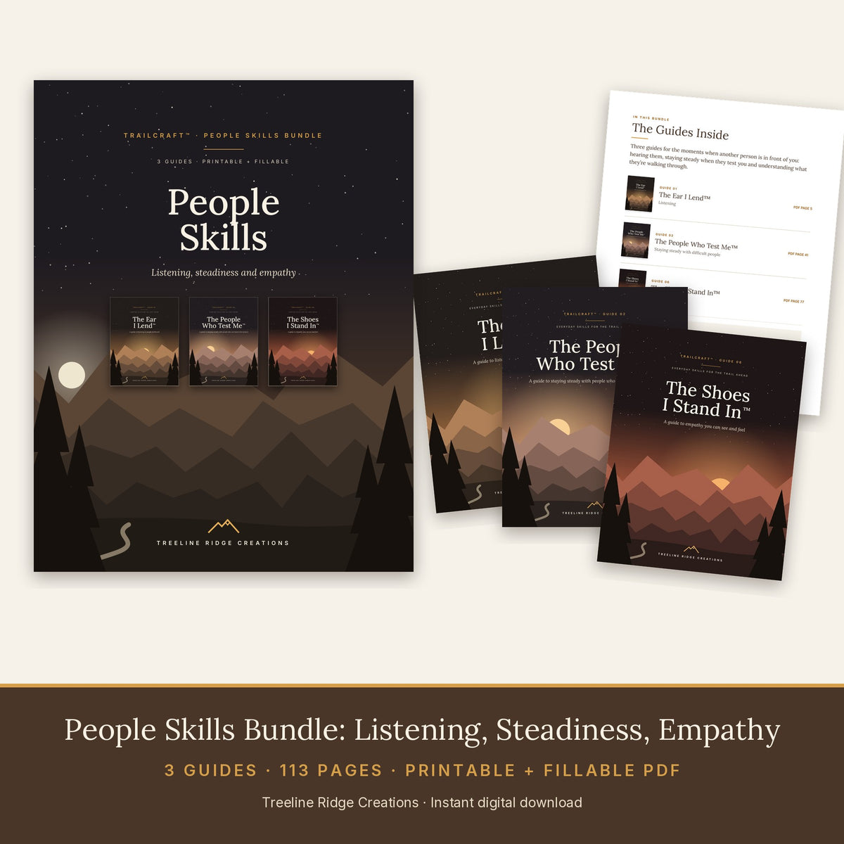 People Skills Bundle preview showing three guides and 113 pages in printable and fillable PDF formats