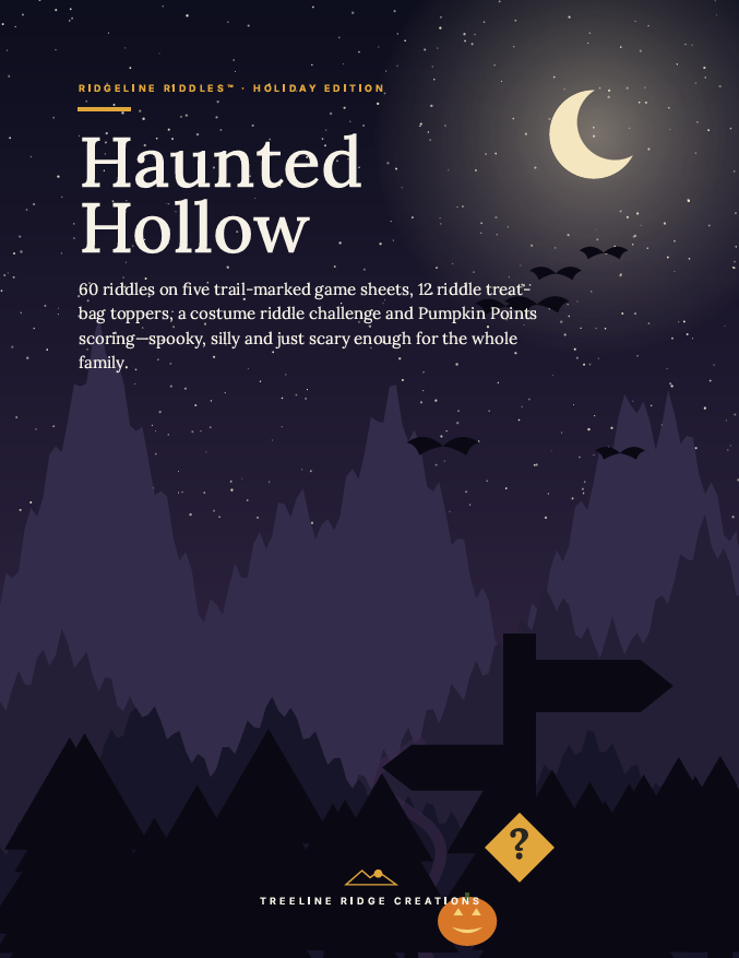Ridgeline Riddles Haunted Hollow cover with a crescent moon, bats, mountain silhouettes and a pumpkin.