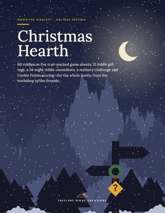 Ridgeline Riddles Christmas Hearth cover with a crescent moon, falling snow, mountains and a wreath on a trail sign.