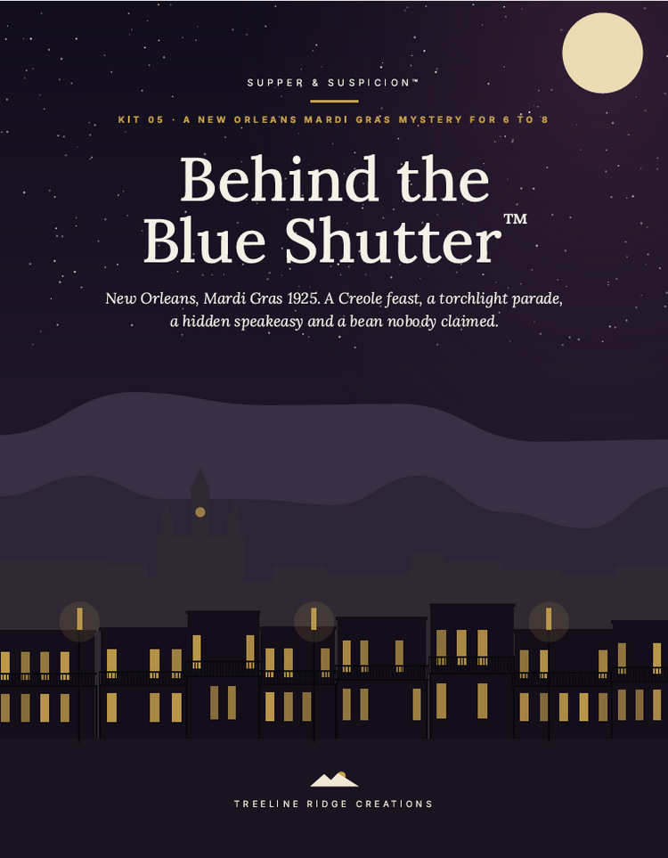 Behind the Blue Shutter mystery party kit cover with a moonlit New Orleans streetscape and Treeline Ridge Creations branding