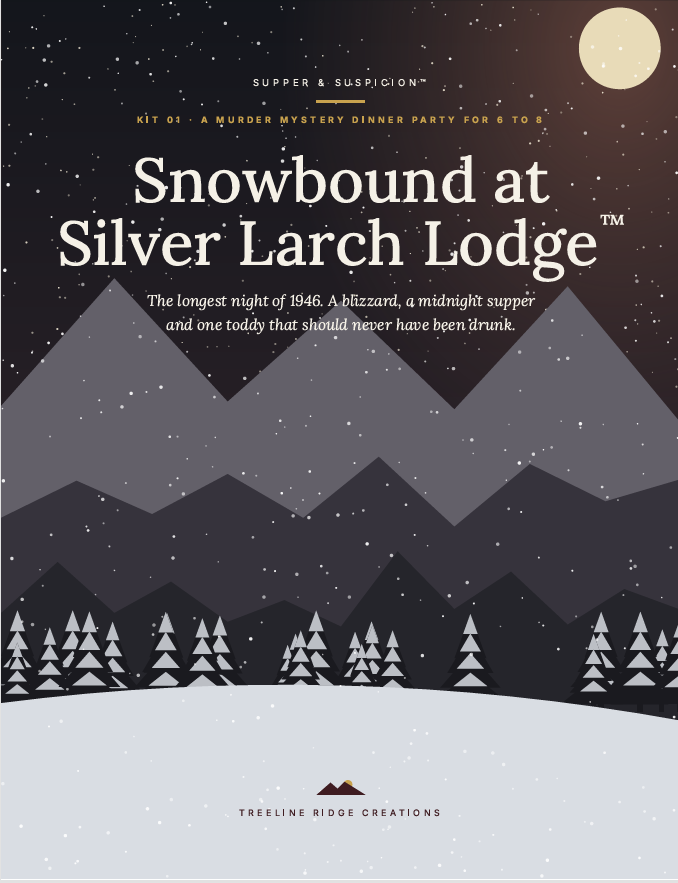 Snowbound at Silver Larch Lodge mystery party kit cover featuring snowy mountains, pine trees, and Treeline Ridge Creations branding