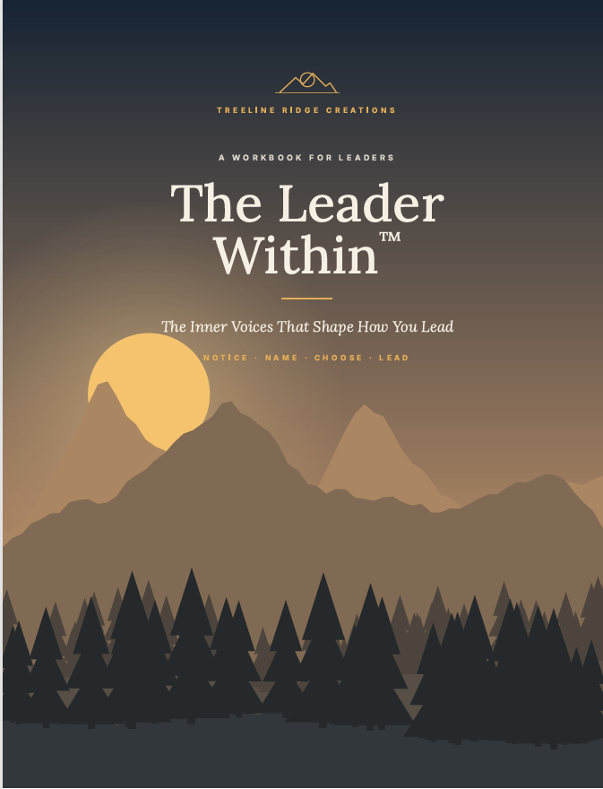 The Leader Within leadership workbook cover with golden sun, mountains and evergreen trees