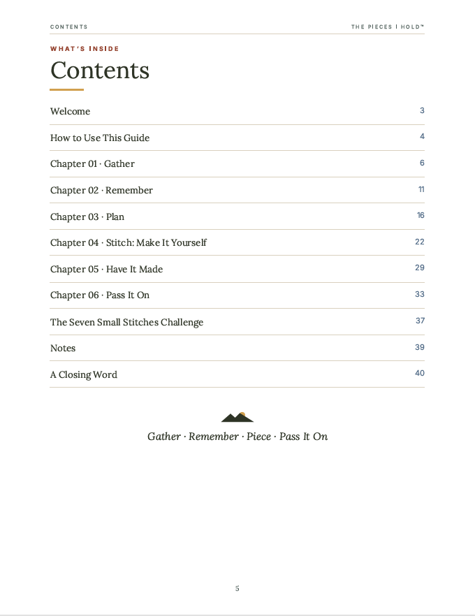Contents showing six chapters and the Seven Small Stitches Challenge